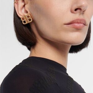 BALENCIAGA Gold & Crystal BB Embellished Earrings